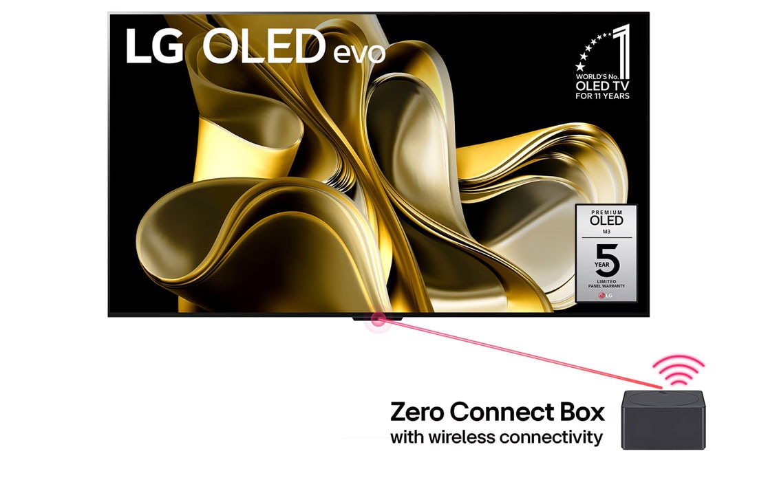 LG 83 inch LG OLED evo M3 4K Smart TV with Wireless 4K connectivity, webOS 23, Smart AI thin Q, Magic remote, Front view with LG OLED M3 and Zero Connect Box below, 10 Years World No.1 OLED Emblem, LG OLED evo, and 5-Year Panel Warranty logo on screen, OLED83M36LA