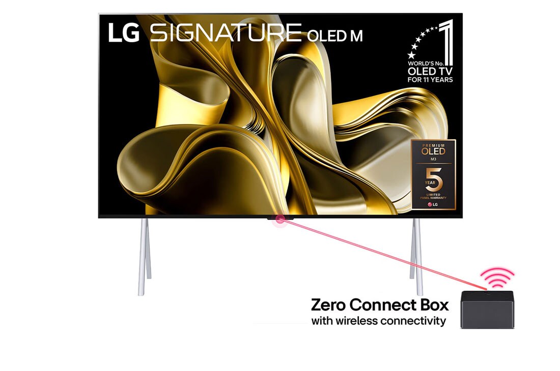 LG 97 inch LG Signature OLED M3 4K Smart TV with Wireless 4K Connectivity, webOS 23, Smart AI thin Q, Magic remote, Front view with LG OLED M3 on the stand and Zero Connect Box below, 10 Years World No.1 OLED Emblem, LG Signiture OLED M, and 5-Year Panel Warranty logo on screen, OLED97M36LA