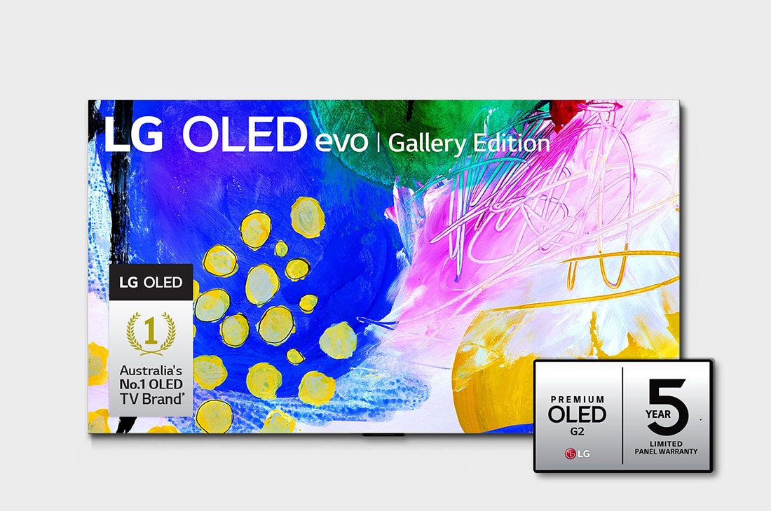 LG OLED evo G2 77 inch 4K Smart TV Gallery Edition with Self Lit OLED Pixels, Front view with LG OLED evo Gallery Edition on the screen, OLED77G2PSA