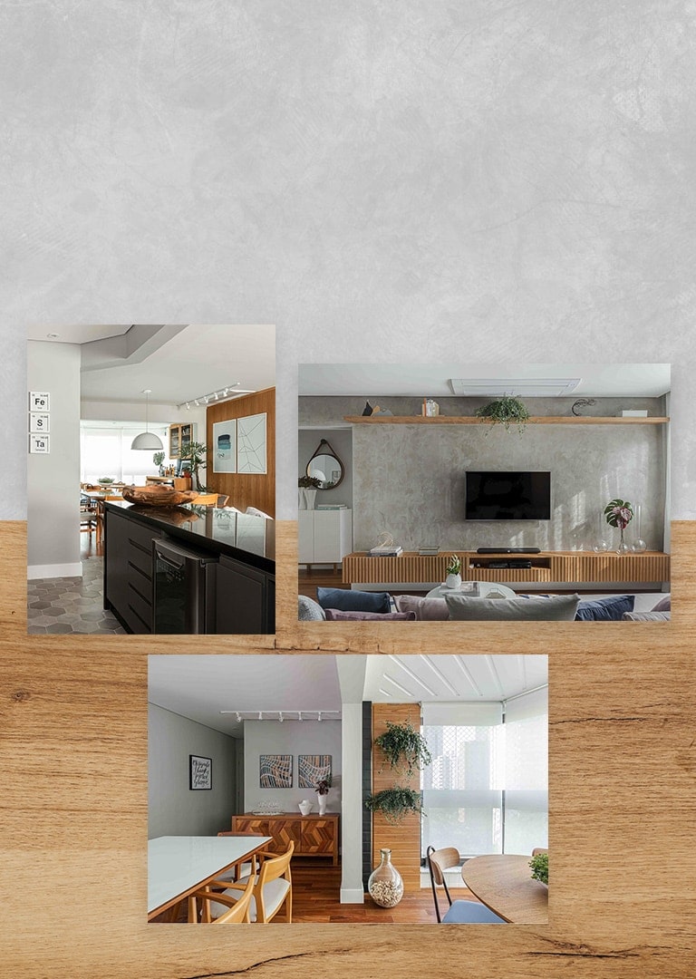 Imagens de cozinha, sala de estar e área de jantar estão expostas com fundo em tons mistos de cinza e madeira.