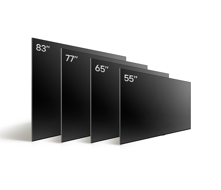 Comparing LG OLED TV, OLED C4's varying sizes, showing OLED 55", OLED C4 65", OLED C4 77", and OLED C4 83".