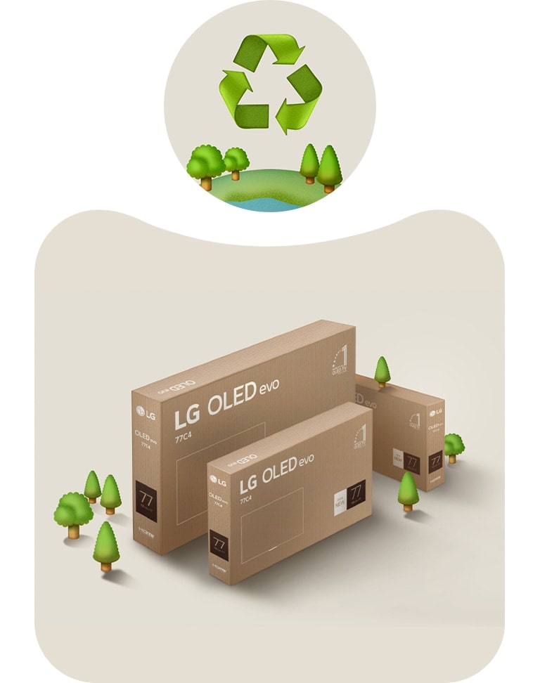 LG OLED packaging against a beige background with illustrated trees. 