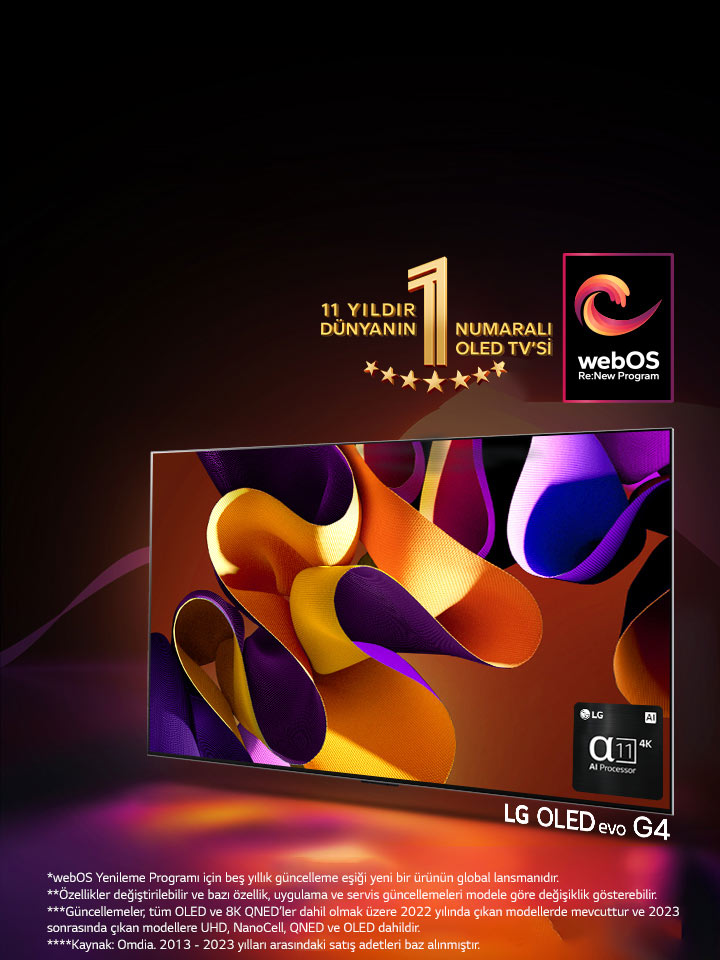 LG OLED evo TV G4’ün ince renk kıvrımlarına sahip siyah bir zemine karşı soyut ve renkli bir sanat eserini gösteren görüntüsü. Ekrandan yayılan ışık renkli gölgeler oluşturuyor. Alpha 11 AI İşlemci 4K, TV ekranının sağ alt köşesinde yer alıyor. Görüntüde “11 Yıldır Dünyanın 1 Numaralı OLED TV’si” amblemi ve “webOS Re:New Program” logosu yer alıyor. Bir sorumluluk reddi ekranda görünür: “webOS Re:New Program için beş yıllık güncelleme eşiği yeni bir ürünün global lansmanıdır.”  “Özellikler değiştirilebilir ve bazı özellik, uygulama ve servis güncellemeleri modele göre değişiklik gösterebilir.”  “Güncellemeler, tüm OLED ve 8K QNED’ler dahil olmak üzere 2022 yılında çıkan modellerde mevcuttur ve 2023 sonrasında çıkan modellere UHD, NanoCell, QNED ve OLED dahildir.” “Kaynak: Omdia. Birim sevkiyatları, 2013 - 2023. Sonuçlar, LG Electronics tarafından onaylandığı anlamına gelmemektedir. Sonuçlara güvenilmesi üçüncü tarafın kendi sorumluluğundadır. Daha fazla detay için https://www.omdia.com/ adresini ziyaret edin.”