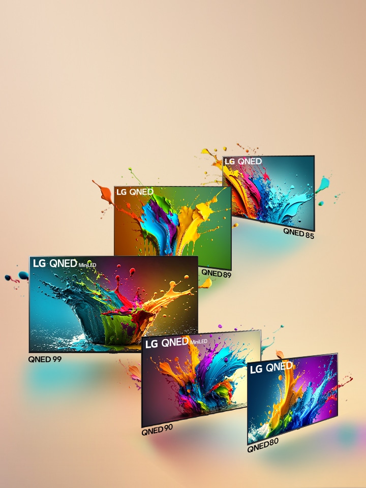LG QNED 80, QNED 90, QNED 99, QNED 89 ve QNED 85 TV açılı bir sırayla yan yana duruyor. QNED 99 TV ileriye dönük bir şekilde, diğerleri ise 45 derecelik bir açıyla yer alıyor. Her bir ekrandan renkli damlacıklar ve boya dalgaları patlıyor ve ışık yayarak aşağıda renkli gölgeler oluşturuyor.