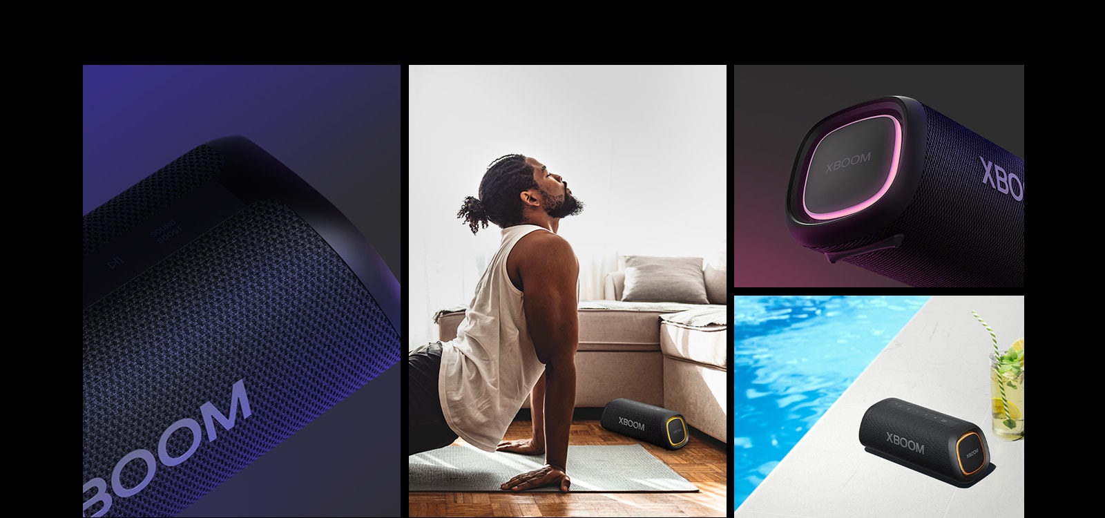 College. From left, close up view of LG XBOOM Go XG5. Next, an image of a man doing yoga, on top of the matt LG XBOOM Go XG5 is placed. On the right from top to bottom: close-up view of the speaker with pink lighting. The speaker with orange lighting and a lemonade are placed on the poolside.
