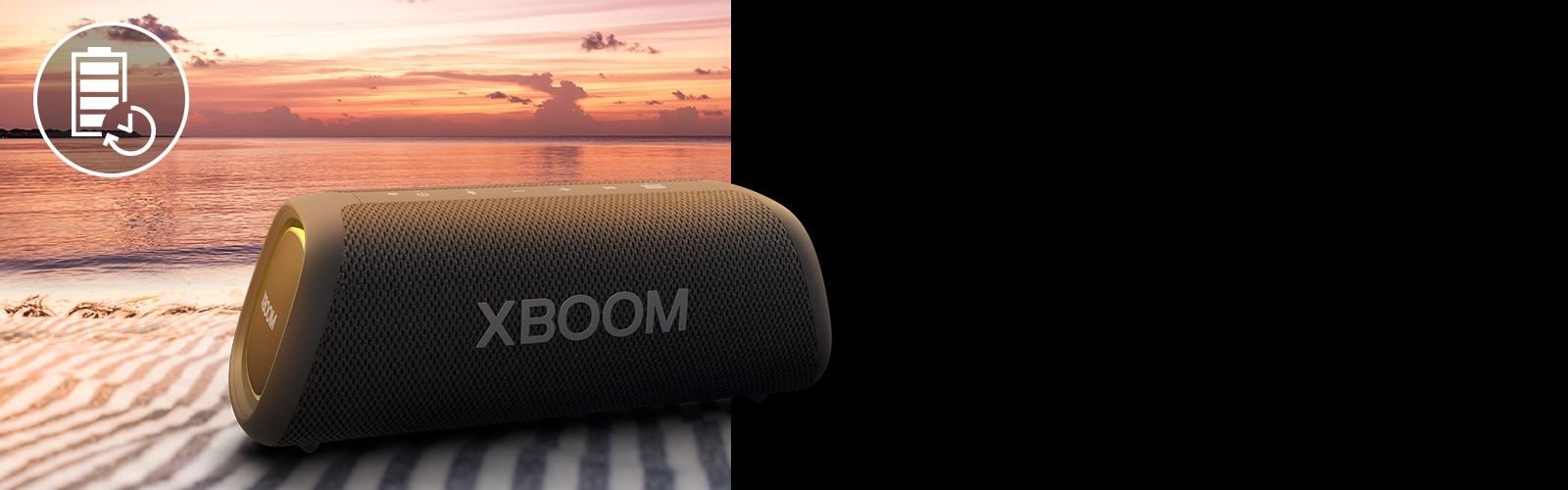 The speaker is placed on a beach towel. In front of the speaker, it shows sunset beach to illustrate that this speaker can be played up to 18 hours.