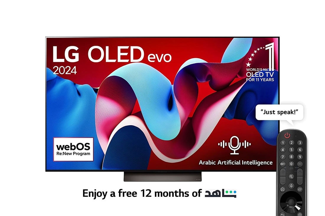LG 77 Inch LG OLED evo C4 4K Smart TV AI Magic remote Dolby Vision webOS24 - OLED77C46LA (2024), Front view with LG OLED evo TV, OLED C4, 11 Years of world number 1 OLED Emblem logo and webOS Re:New Program logo on screen, OLED77C46LA