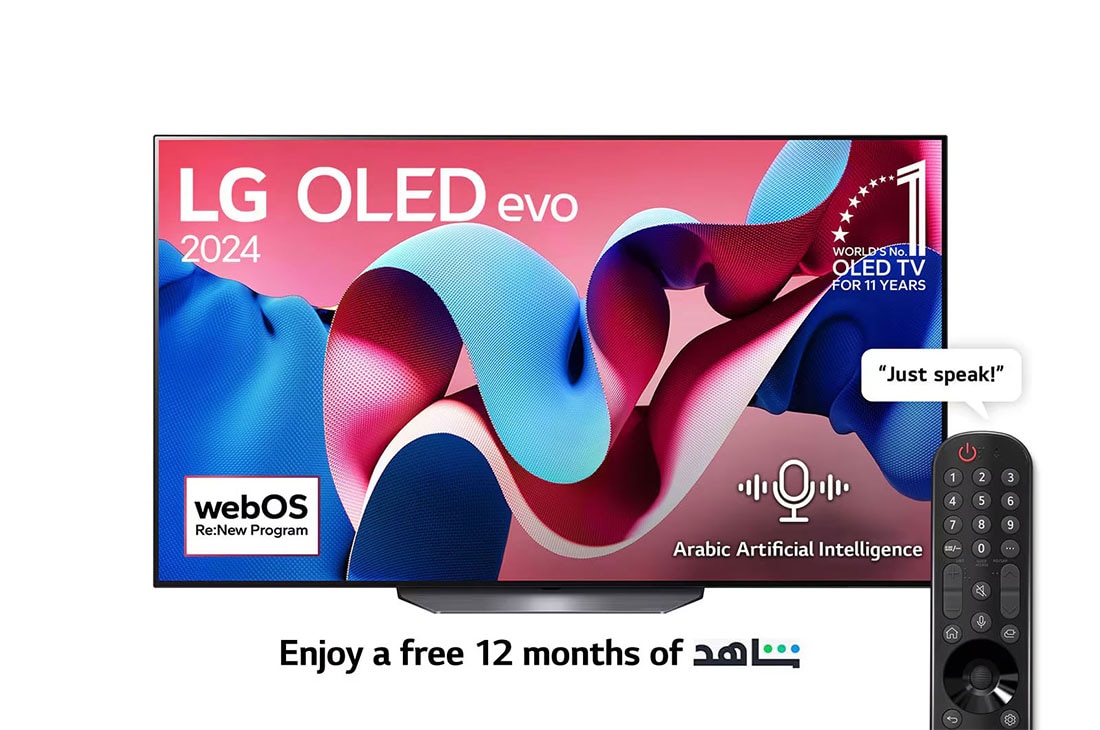 LG 65 Inch LG OLED CS4 4K Smart TV AI Magic remote Dolby Vision webOS24 - OLED65CS4VA (2024), Front view with LG OLED evo TV, OLED CS4, 11 Years of world number 1 OLED Emblem and webOS Re:New Program logo on screen, OLED65CS4VA