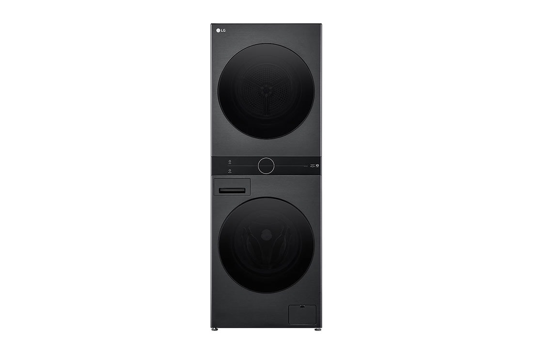 LG 12/9kg WashTower™ All-In-One Stacked Washer Dryer in Black Steel, Front view (with some buttons on the center panel light off), WWT-1209B