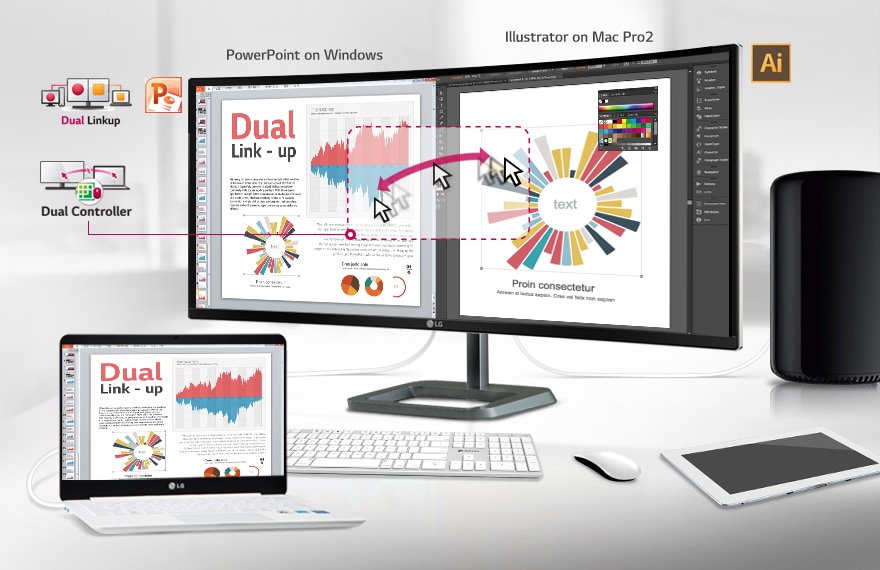 TWO DIFFERENT DEVICES CAN NO LONGER FORCE YOU TO USE TWO SEPARATE MONITORS. SUBDUE THEM UNDER DUAL LINK UP & DUAL CONTROLLER.