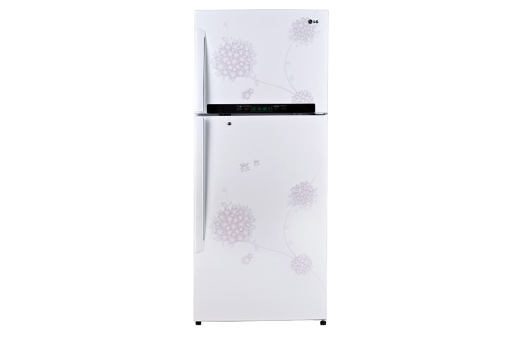 LG ثلاجة بمجمد علوي فسيح مع مكبس (كومبرسور) عاكس ذكي وتصميم أنيق بخليفة بيضاء تعلوها باقة زهور وردية, GR-M650GPDL