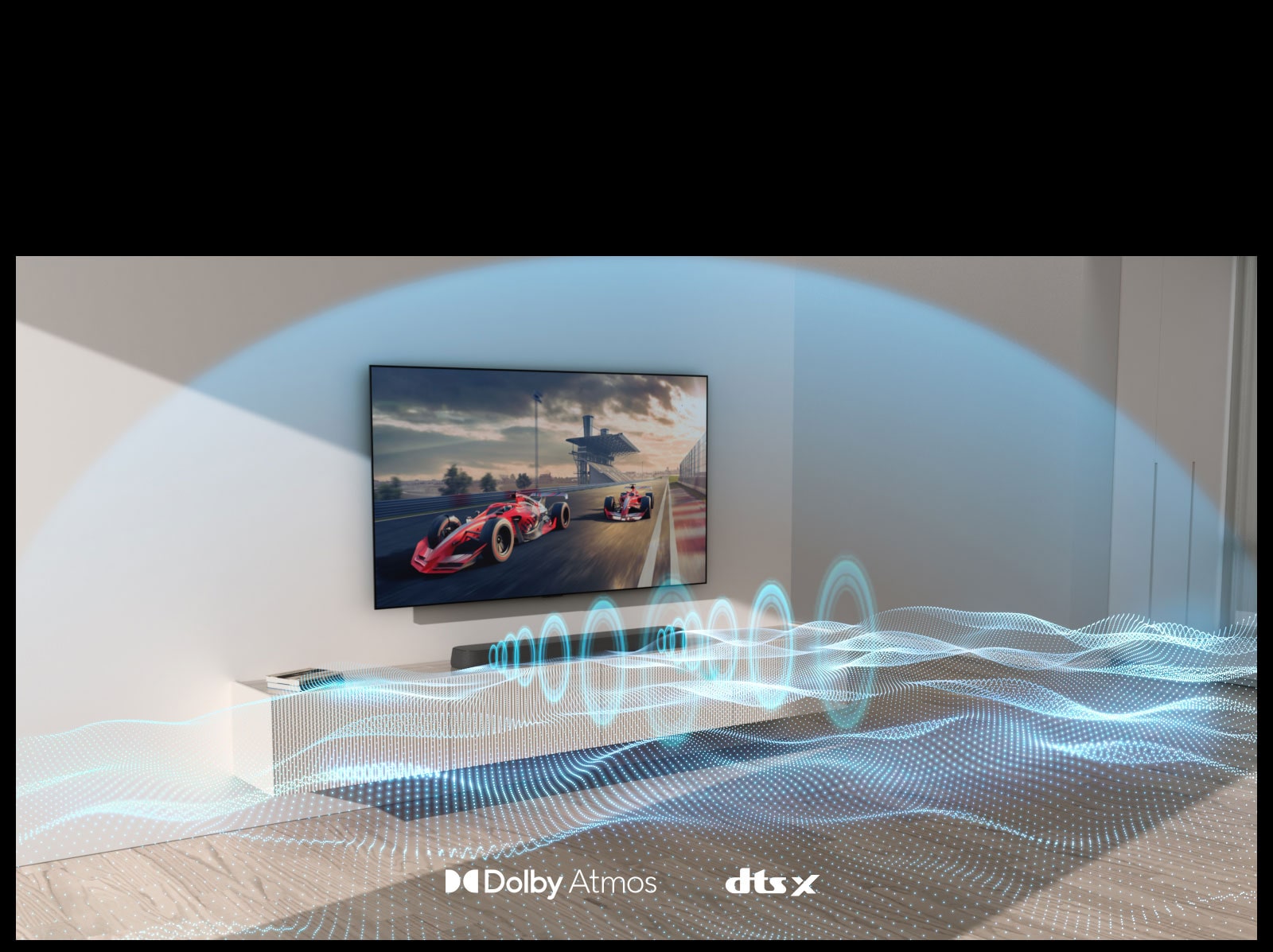 A wall mount TV and the Soundbar  is hung on the wall facing the right side of the picture. Variously formed blue sound waves are coming from the Soundbar  . A dome-shaped sound blue sound wave is fully covering the two of them.