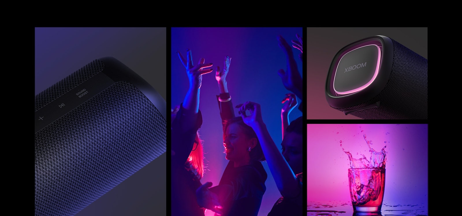 مجموعة. من اليسار، منظر عن قرب لمكبّر الصوت LG XBOOM Go XG5. بعد ذلك، صورة لأشخاص يستمتعون بالموسيقى. على اليمين من أعلى إلى أسفل: منظر عن قرب لمكبّر الصوت مع إضاءة وردية وكأسين من المشروبات.