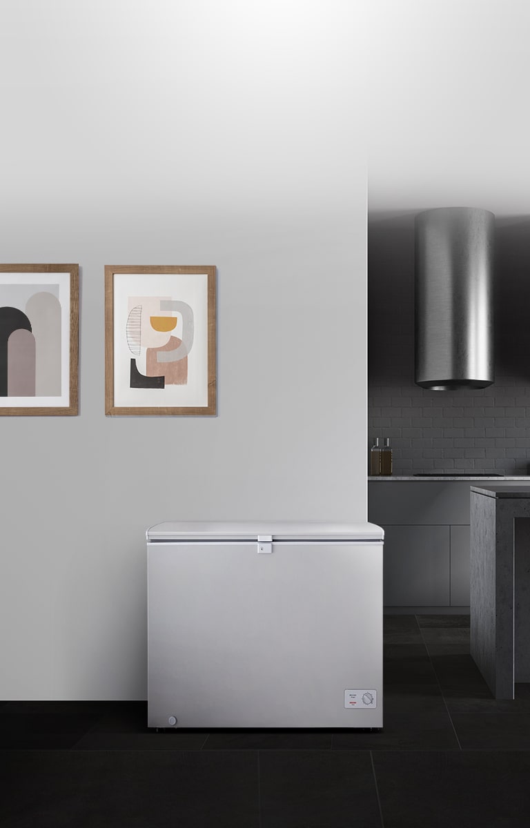 There is a refrigerator in the modern interior