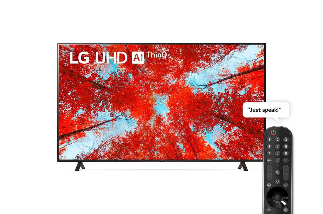 LG UHD 4K TV 86 Inch UQ90 Series, A front view of the LG UHD TV with infill image and product logo on with remote, 86UQ90006LC