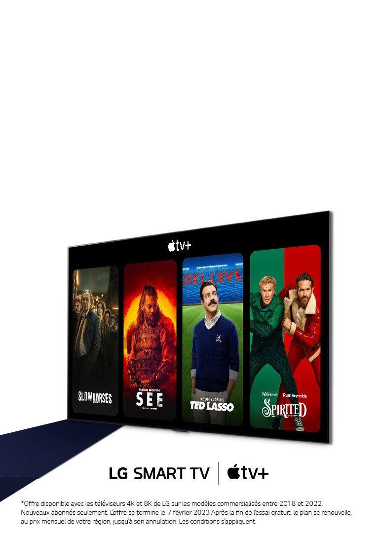 Une image du téléviseur OLED de LG. Le contenu d’Apple TV+ est affiché à l’écran et le titre est « Profitez de 3 mois d’abonnement gratuit à Apple TV+ avec les Smart TV LG. »