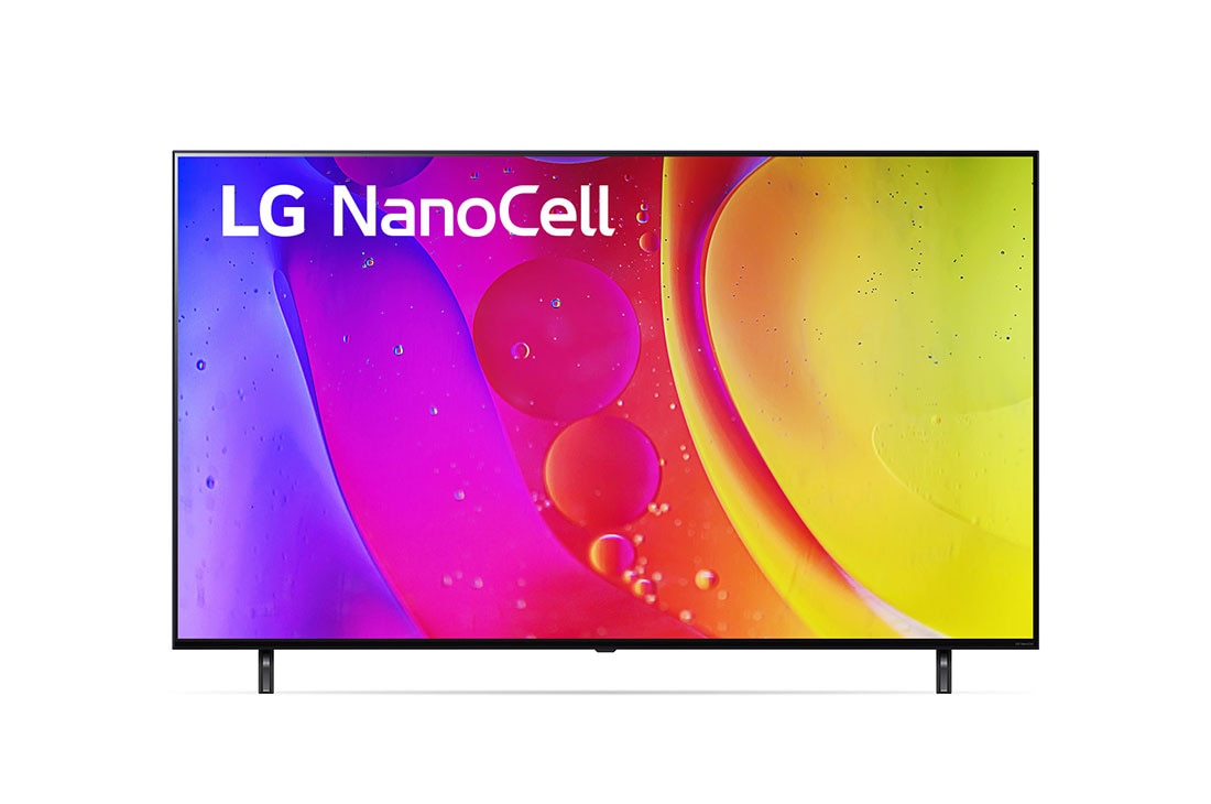 LG  LG NanoCell 4K ThinQ AI 65'', Vista frontal del televisor LG NanoCell con una imagen de relleno y el logotipo del producto, 65NANO80SQA