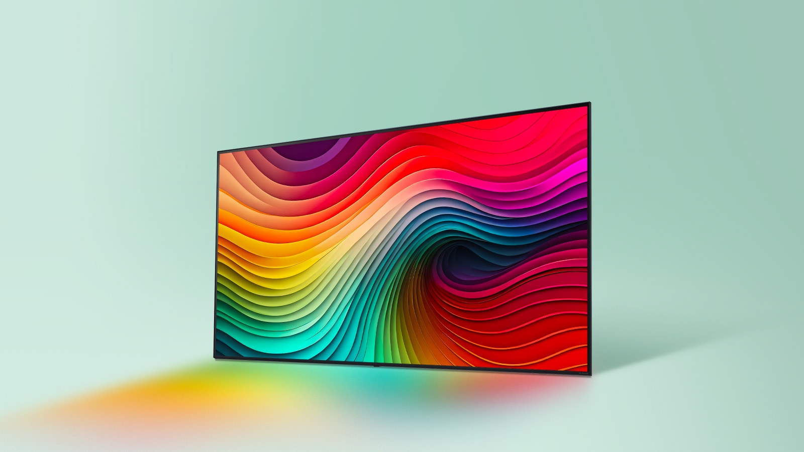 Eine wirbelnde regenbogenfarbene Textur auf einem LG-NanoCell-Fernseher.