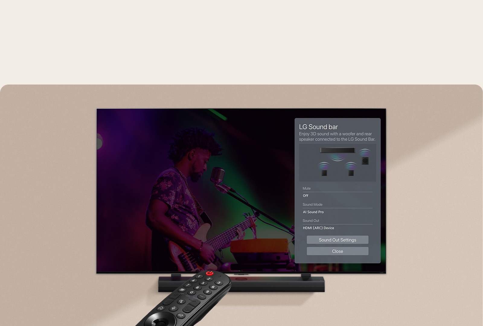 Eine auf einen LG TV gerichtete Fernbedienung zeigt die Einstellungen auf der rechten Seite des Bildschirms an.