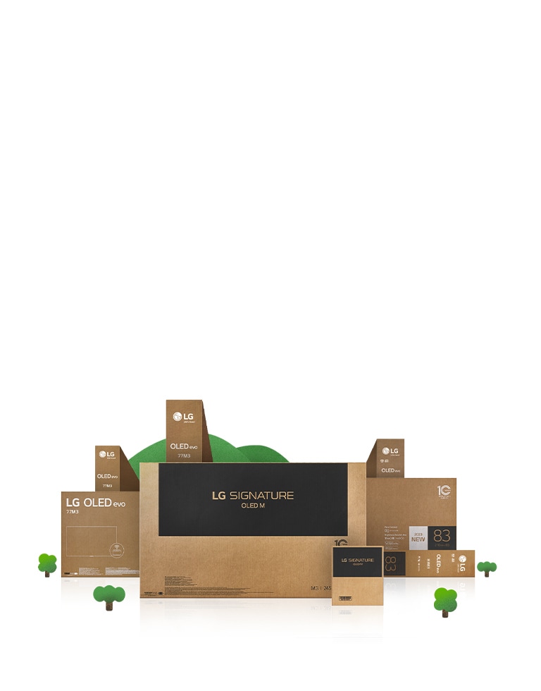 Umweltfreundliche LG OLED-Kartonverpackungen, auf denen blühende Bäume und Berge abgebildet sind.