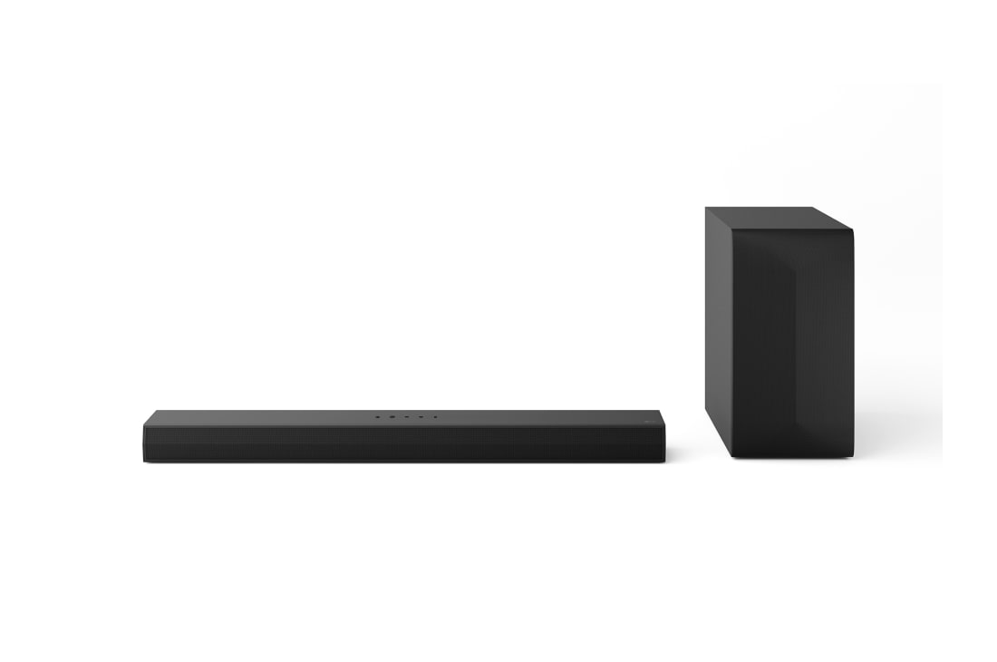LG 5.1 Soundbar DS60TR mit 440 Watt , Front view of LG Soundbar DS60TR, subwoofer, and Rear Speakers Frontansicht der LG Soundbar DS60TR, Subwoofer und hintere Lautsprecher, DS60T
