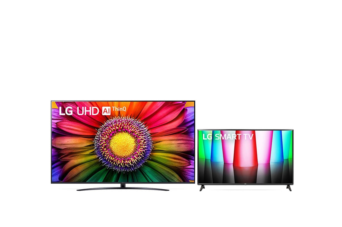 LG 75“ LG UHD TV | Aktions-Bundle mit 75UR81006LJ und 32LQ570B6LA, Eine Frontansicht des LG UHD TV + Vorderansicht des LG Full HD TV mit eingefügtem Bild und Produktlogo, 75UR81006LJ.32LQ570