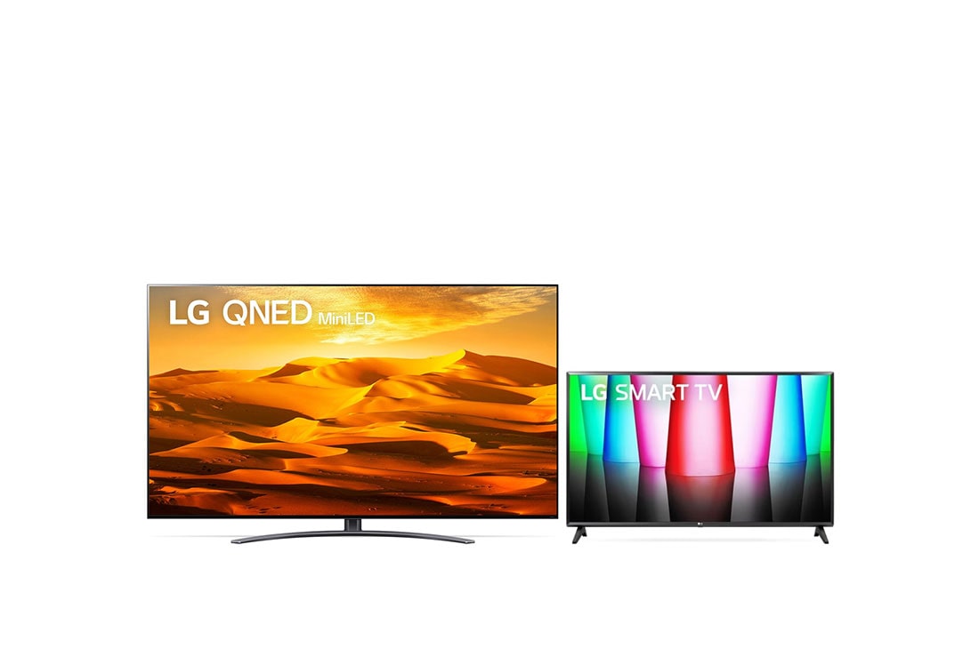 LG 86“ LG QNED TV | Aktions-Bundle mit 86QNED916QE und 32LQ570B6LA, Ein Bild zeigt den Lifestyle-Fernseher und den Blueetooth-Lautsprecher nebeneinander., 86QNED916QE.32LQ570