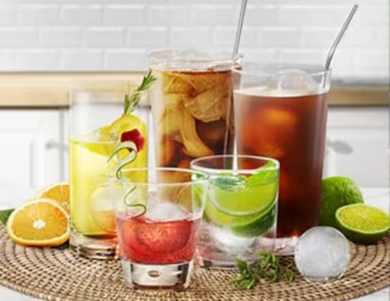 Colourful beverages with round ice balls