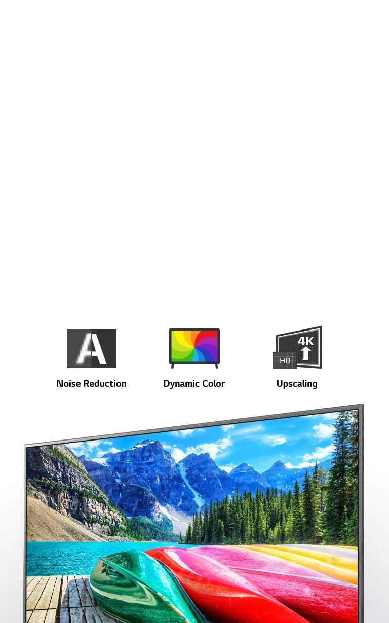 Noise reduction, dynamic color, and upscaling icons and a TV screen showing  a scenic shot of mountains, forest, and a lake.