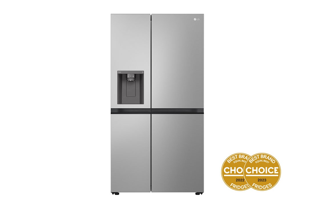 LG 635L Side by Side Fridge in Stainless Finish, front view with logo choice, GS-L600PL