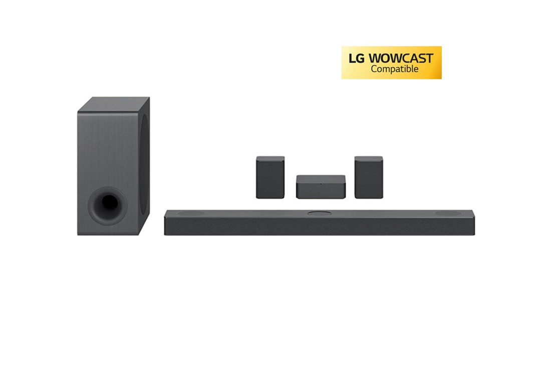 LG Sound Bar S80QR, Front view with sub woofer and rear speakers, S80QR