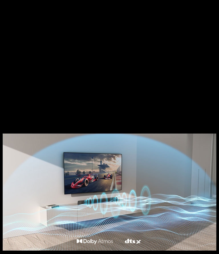 A wall mount TV and the sound bar is hung on the wall facing the right side of the picture. Variously formed blue sound waves are coming from the sound bar. A dome-shaped sound blue sound wave is fully covering the two of them.