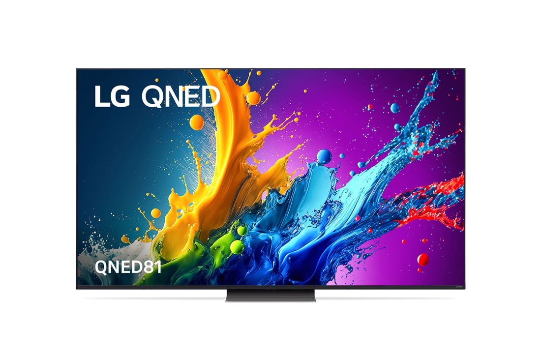 LG 86 inch LG QNED81 4K Smart TV 2024, Front view of LG QNED TV, QNED80 with text of LG QNED and 2024 on screen, 86QNED81TSA