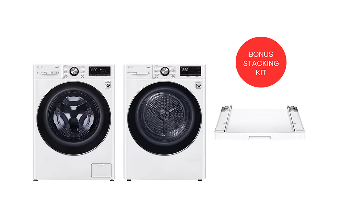 LG Series 9 Washing Machine, Dryer & Stacking Kit Pack, Bundle image, WV9-1412SW