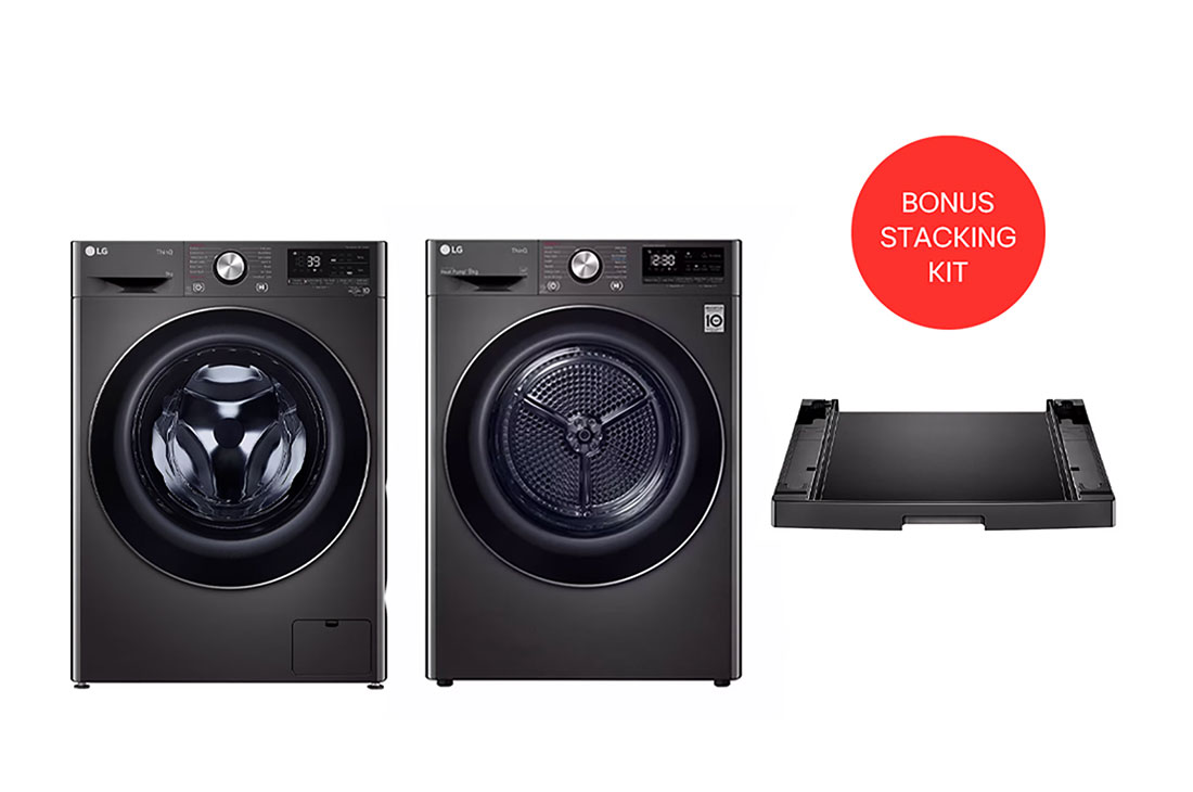 LG 9kg Series 9 Front Load Washing Machine with 5 Star Energy & Water Rating in Black Steel , 9kg Heat Pump Dryer with Inverter Control in Black Steel Finish, front view of washing machine and dryer, WV9-1609SB