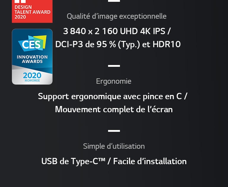 USP de 38UN880 : 3 840 x 2 160 UHD 4K IPS, DCI-P3 de 95 % (Typ.) et HDR 10, support ergonomique avec pince en C, mouvement complet de l’écran, USB de Type-C™, facile d’installation