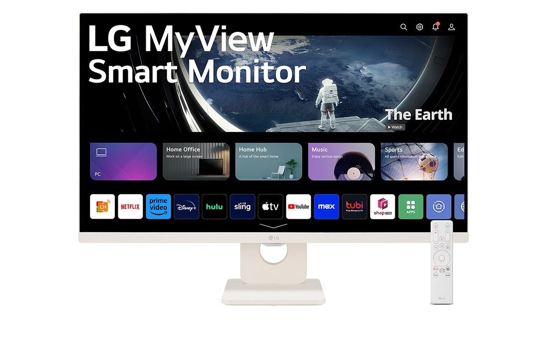 LG 27'' Full HD IPS Smart Monitor avec webOS, front view with remote control, 27SR50F-W