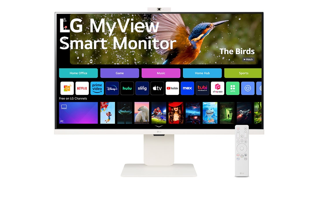 LG MyView Smart Monitor 4K UHD IPS 32 po avec webOS et webcam FHD intégrée, vue de face avec webcam et télécommande, 32SR85U-W