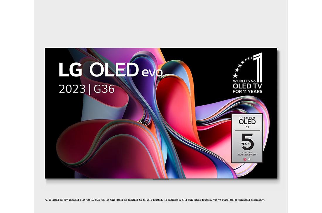 LG 55 pouces LG OLED evo G3 4K Smart TV - OLED55G36LA, Vue de face avec le logo « LG OLED, le téléviseur numéro 1 mondial depuis 11 ans » et le logo « Garantie du panneau : 5 ans » sur l’écran, OLED55G36LA