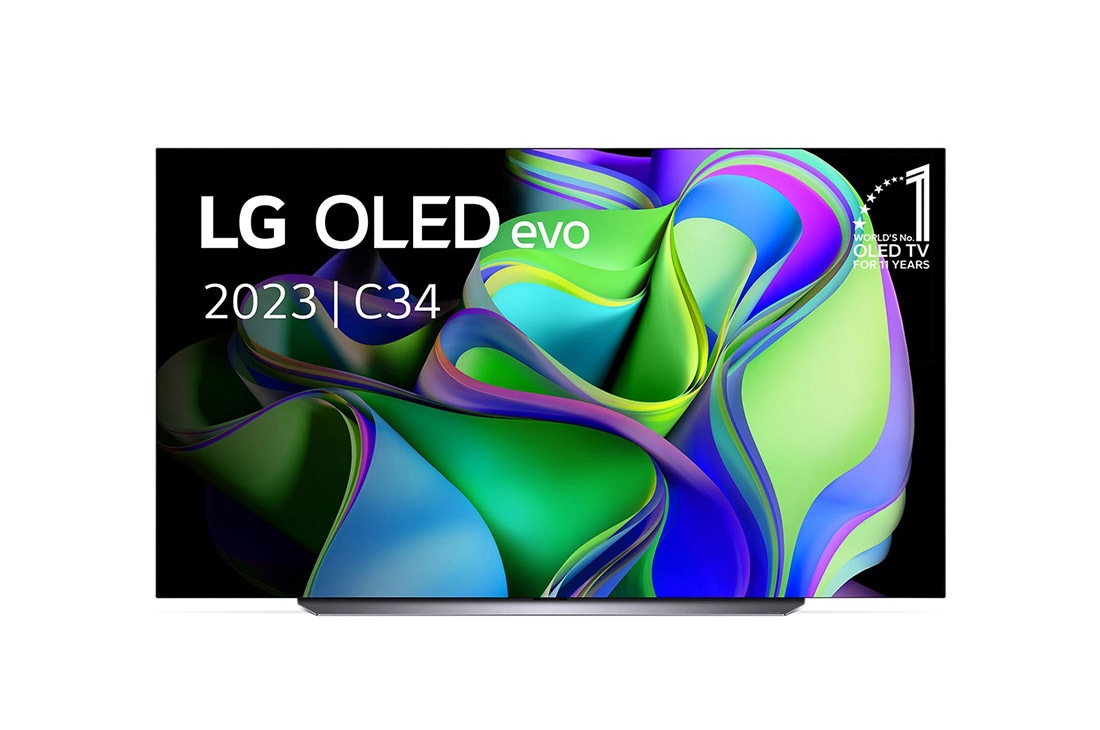 LG 83 pouces LG OLED evo C3 4K Smart TV - OLED83C34LA, Vue avant du LG OLED evo avec l’emblème « 10 Years World No.1 OLED » à l’écran, et de la barre de son située en dessous. , OLED83C34LA