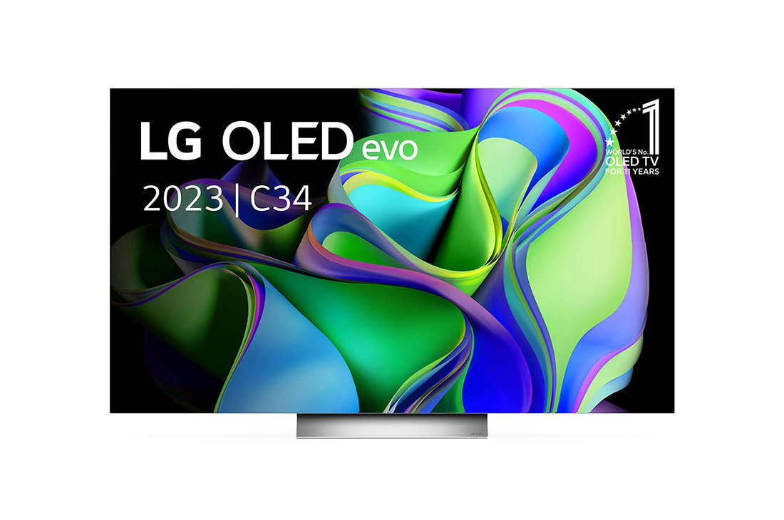 LG 77 pouces LG OLED evo C3 4K Smart TV - OLED77C34LA, Vue avant du LG OLED evo avec l’emblème « 10 Years World No.1 OLED » à l’écran, et de la barre de son située en dessous. , OLED77C34LA