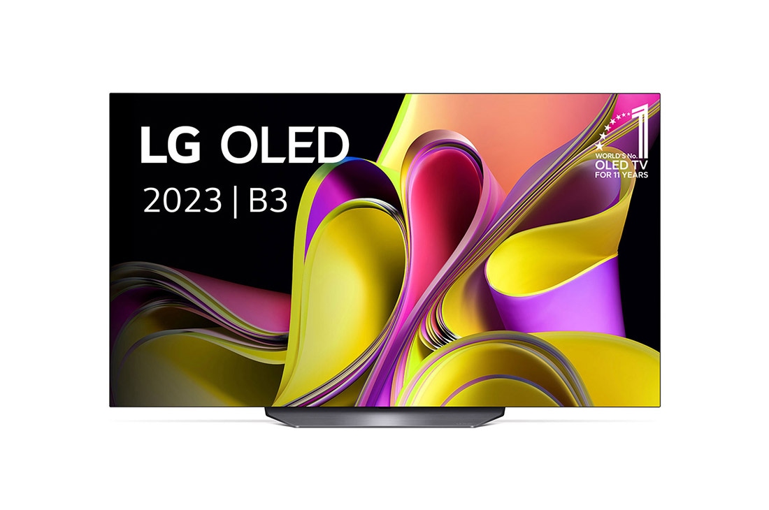 LG OLED B3 77'' 4K Smart TV 2023, Vue avant du LG OLED avec l’emblème 11 Years World No.1 OLED affiché à l’écran., OLED77B36LA