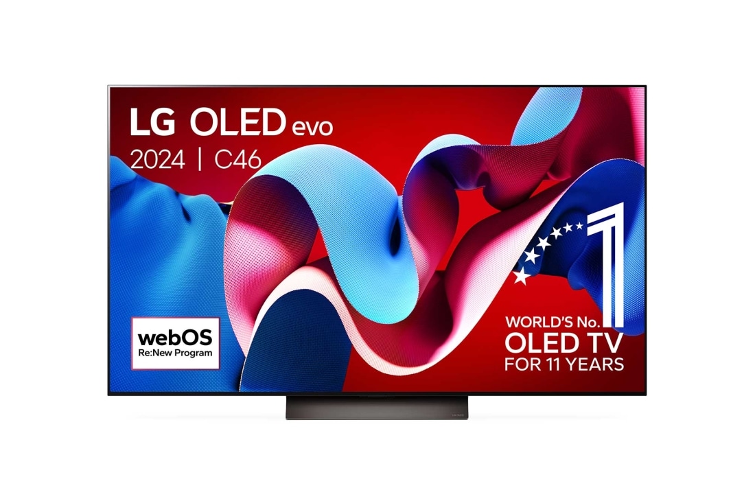 LG 55 pouces LG OLED evo C4 4K Smart TV OLED55C4, Vue de face du LG OLED evo TV, OLED C4 avec emblème OLED 11 ans numéro 1 mondial et logo du programme webOS Re:New à l’écran, OLED55C46LA