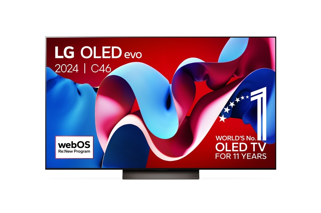 LG 77 pouces LG OLED evo C4 4K Smart TV OLED77C4, Vue de face du LG OLED evo TV, OLED C4, logo de l’emblème OLED 11 ans numéro 1 mondial et logo du programme webOS Re:New avec la barre de son en-dessous, OLED77C46LA