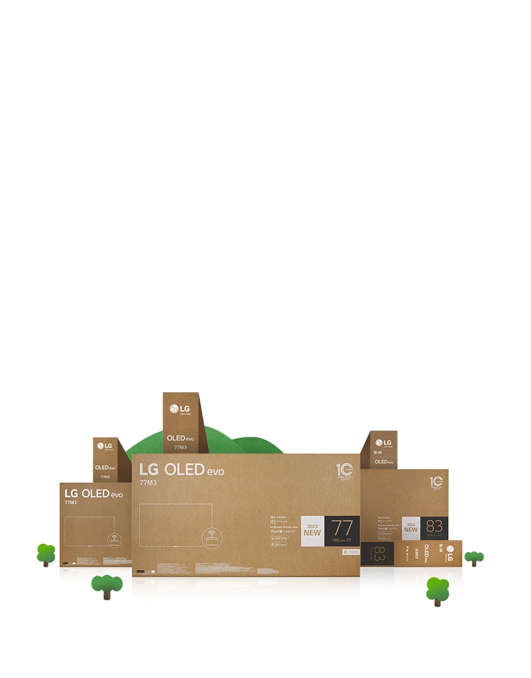 Екологична картонена опаковка на LG OLED, показана около процъфтяващи дървета и планини.