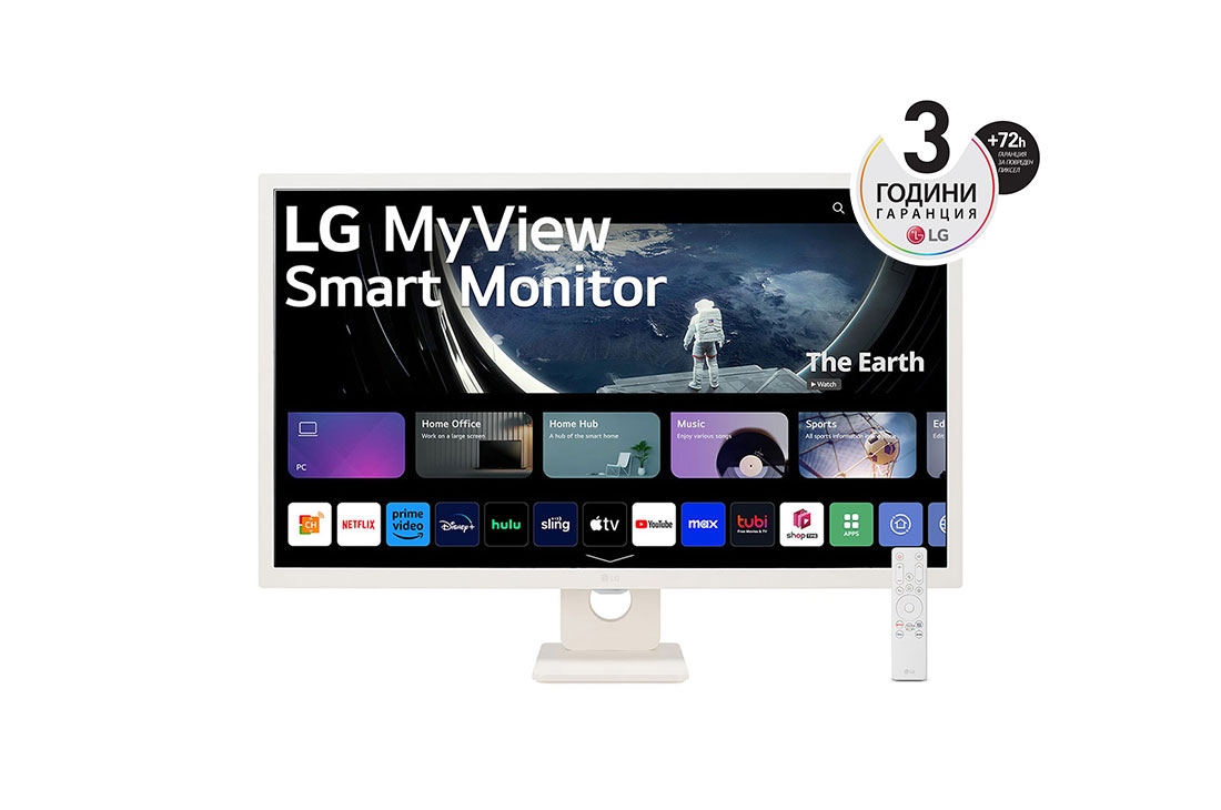 LG 32'' интелигентен монитор със съотношение на страните 16:9, изглед отпред с дистанционно управление, 32SR50F-G
