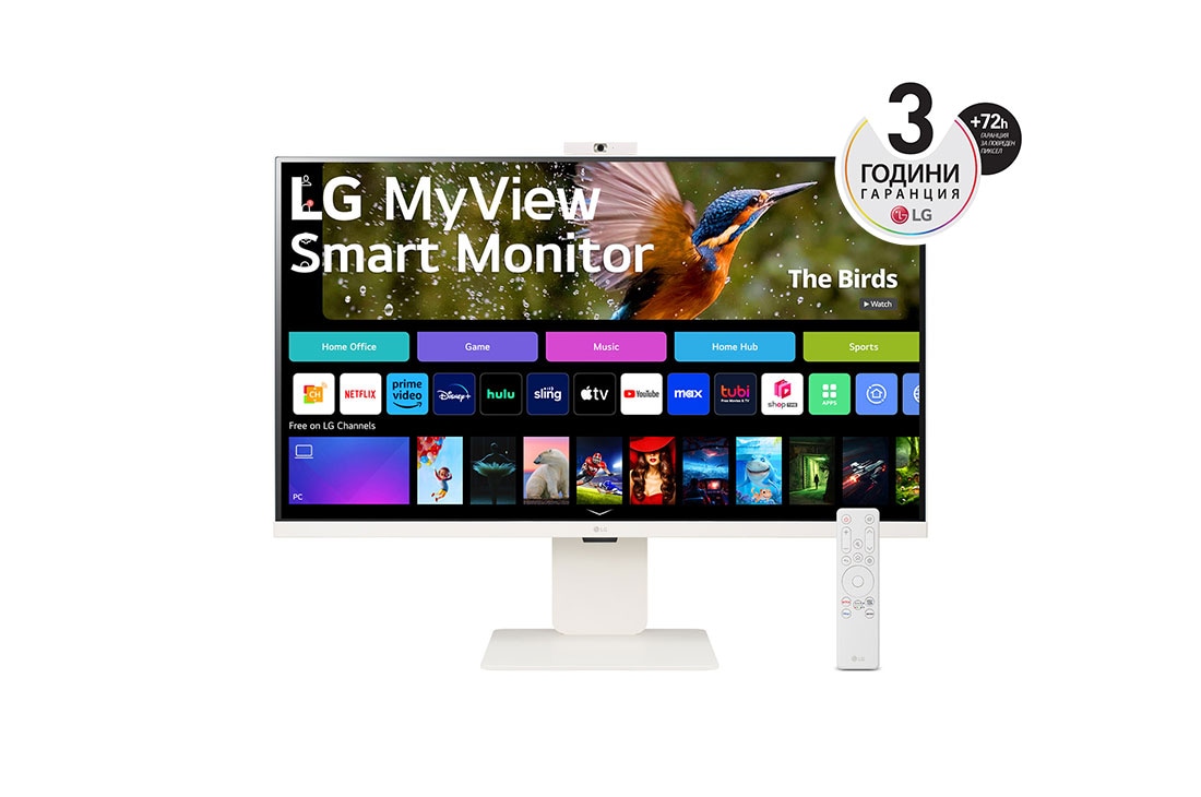 LG 32” 16:9 съотношение на страните 4K UHD IPS MyView Smart монитор с уеб камера, изглед отпред с уеб камера и дистанционно управление, 32SR85U-W