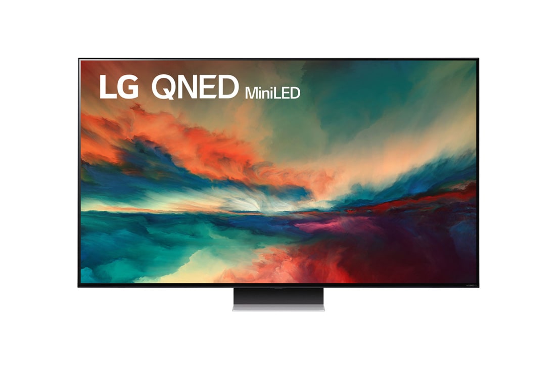 LG QNED MiniLED 86 86-инчов 4K смарт телевизор от 2023 година, Изглед отпред на телевизора LG QNED с изображение и лого на продукта, 86QNED863RE