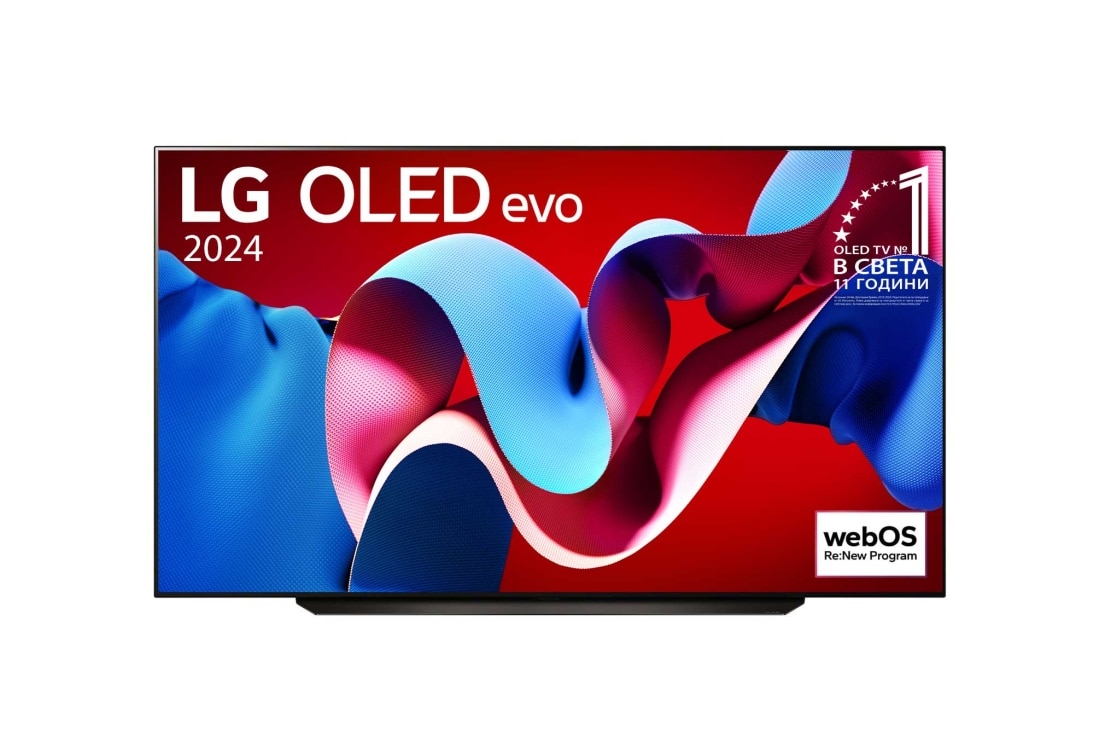 LG OLED evo C4 83-инчов 4K смарт телевизор 2024, Изглед отпред на телевизор OLED evo на LG, OLED C4, 11 години номер 1 в света, Емблемата OLED на екрана, OLED83C41LA