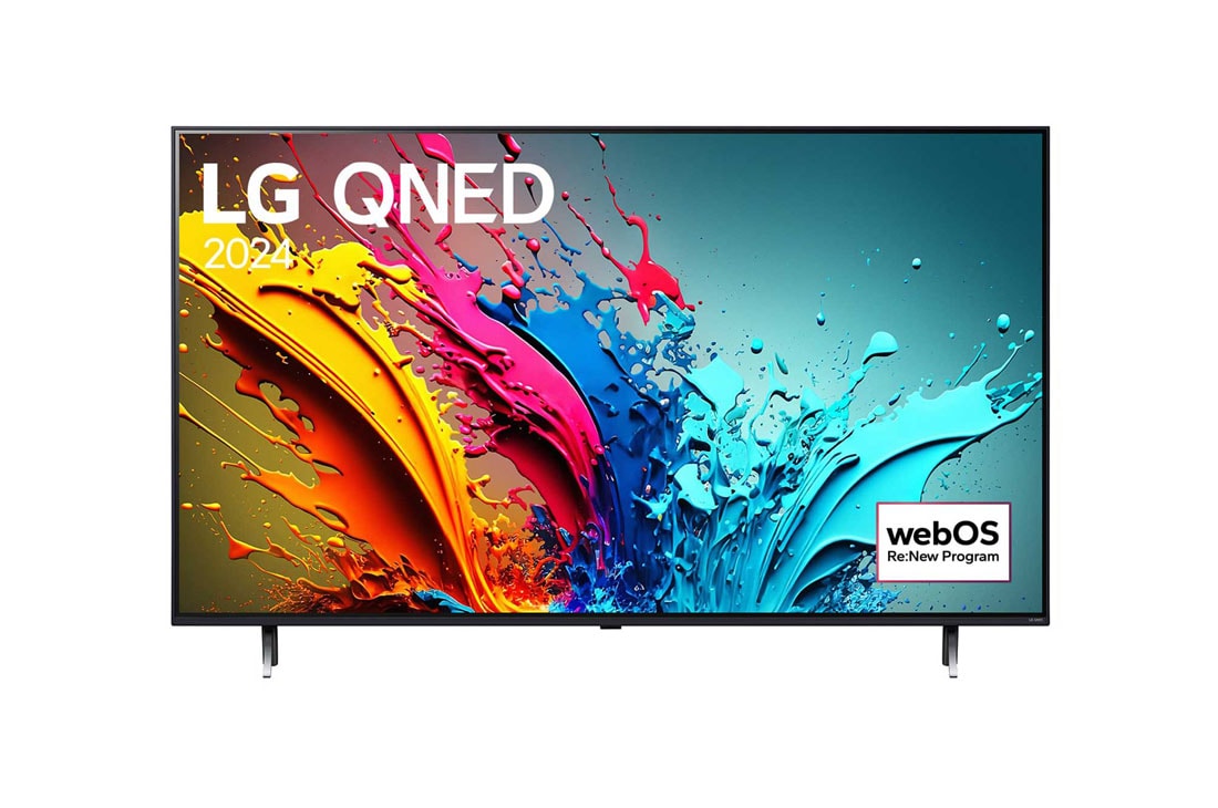 LG 65-инчов LG QNED86 4K Smart TV 2024, LG QNED TV, QNED85 elölnézete az LG QNED, 2024 szöveggel és a webOS Re:New Program logóval a képernyőn, 65QNED86T3A